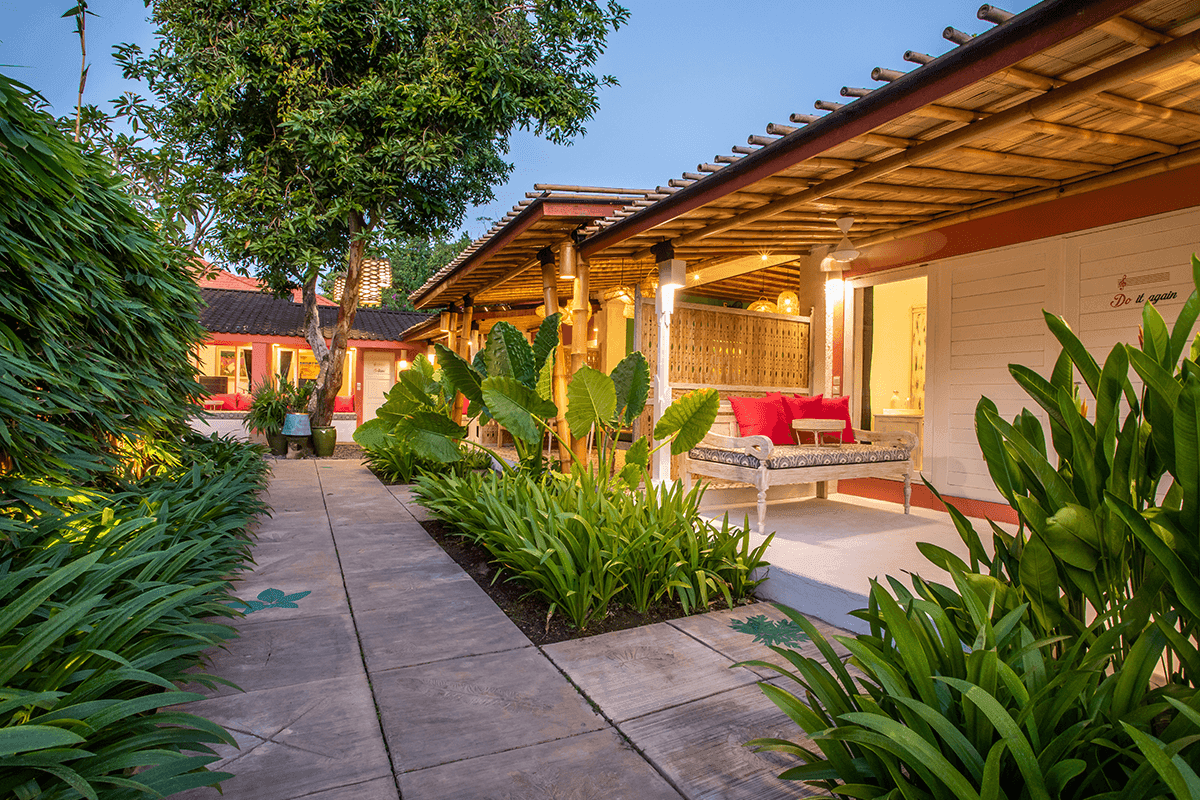 PinkPrivate Sanur boutique hotel exterior with tropical architecture